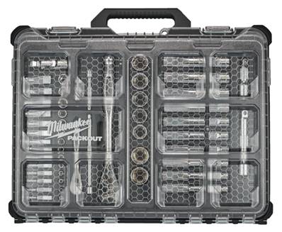 MILWAUKEE ORGANISEUR PACKOUT SLIM & DOUILLES - CLIQUETS 1/2 & 1/4 63 PCS 4932493661