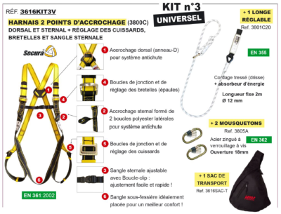 LEVAC 3616KIT3V – Kit harnais antichute universel avec longe, mousquetons et sac de transport